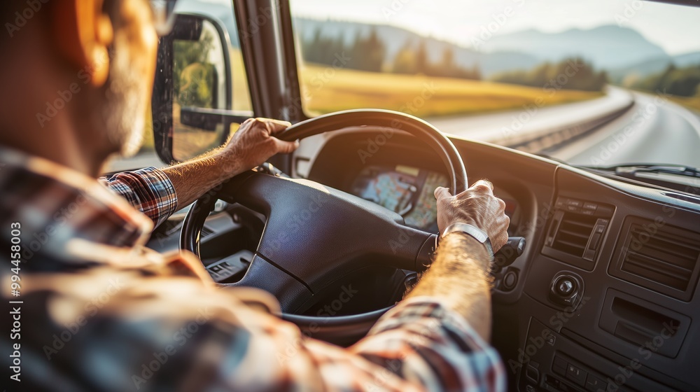 A focused truck driver in casual wear navigates a massive truck through scenic fields and mountains.