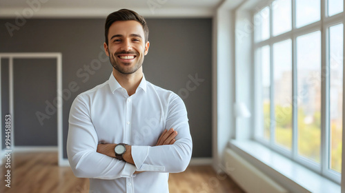 Businessman realtor presenting real estate opportunity, smiling agent standing in apartment, investment property showcase by house salesman, agreements for selling residential units