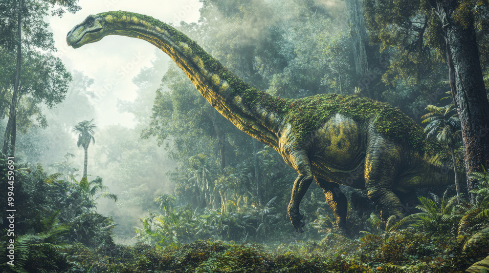 Naklejka premium A sauropod dinosaur in a dense, misty jungle, with a long neck gracefully extended upward, moss and lichen covering its rough, scaly