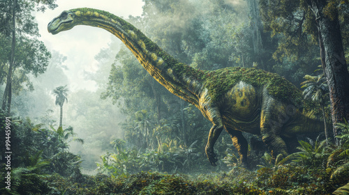 Fototapeta Naklejka Na Ścianę i Meble -  A sauropod dinosaur in a dense, misty jungle, with a long neck gracefully extended upward, moss and lichen covering its rough, scaly