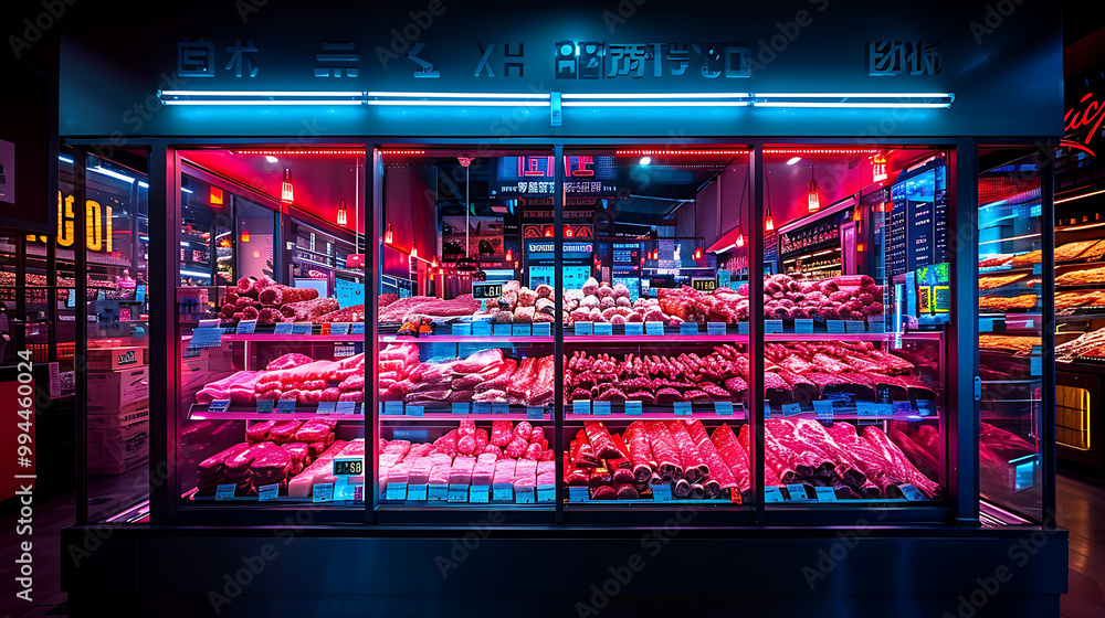 Meat aisle with various cuts displayed in a refrigerated grocery section. close-up of a meat fridge in a grocery store filled with various cuts of fresh meat various cuts of beef, pork and other meats Meat aisle with various cuts displayed in a refrigerated grocery section. close-up of a meat fridge in a grocery store filled with various cuts of fresh meat various cuts of beef, pork and other meats