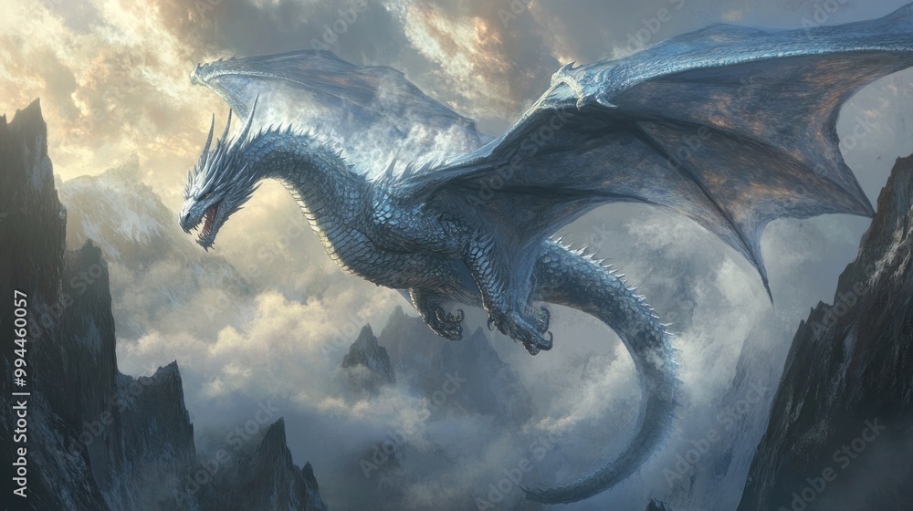 Obraz premium A Majestic Silver Dragon Soaring Through Cloudy Mountain Peaks