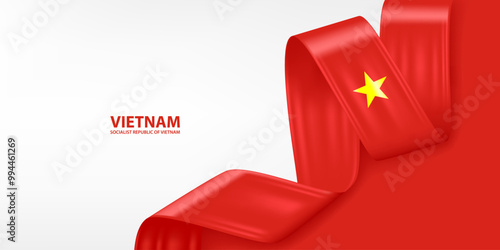 Vietnam 3D ribbon flag. Bent waving 3D flag in colors of the Vietnam national flag. National flag background design.