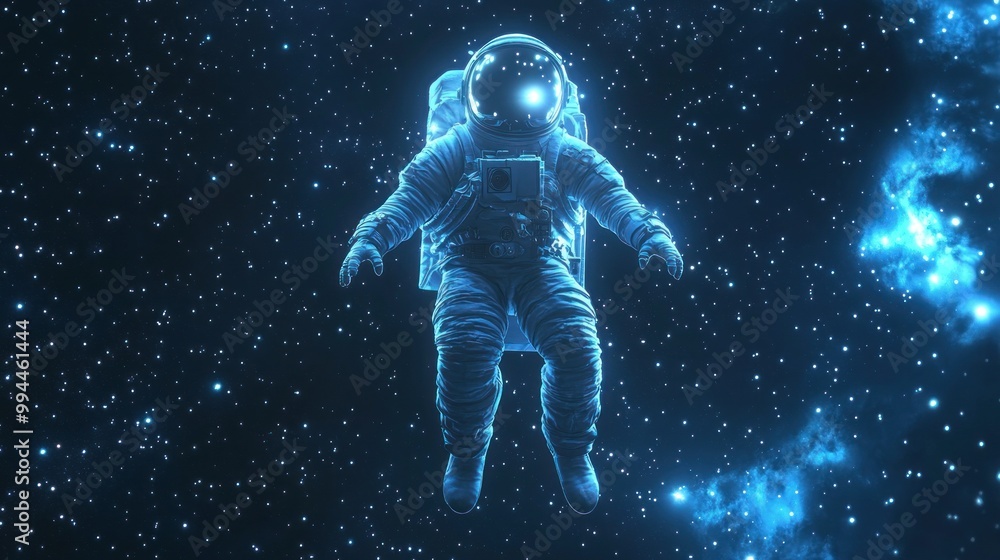 A lone astronaut floating in space against a backdrop of stars and nebulae. A lone astronaut floating in space against a backdrop of stars and nebulae.