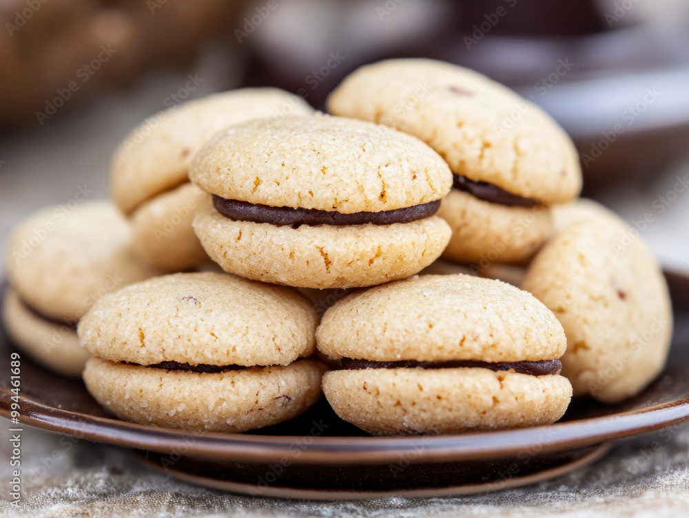 Baci di Dama cookies. Italian Piedmont sandwich biscuit consisting of two hazelnut biscuits joined together by a chocolate filling. Baci di Dama cookies. Italian Piedmont sandwich biscuit consisting of two hazelnut biscuits joined together by a chocolate filling.