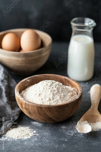 Essentials for baking: eggs, flour, milk, and kitchen tools arranged for culi...