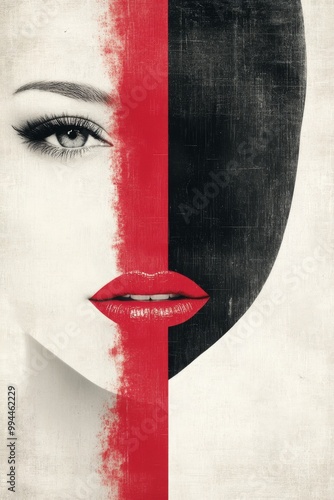 A striking portrait of a half-black, half-white face with bold red lips and d...