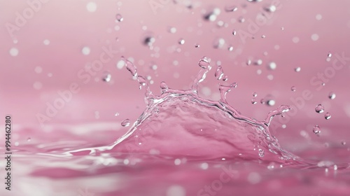 Water droplet splash creating ripples in a soft pink background during daytime