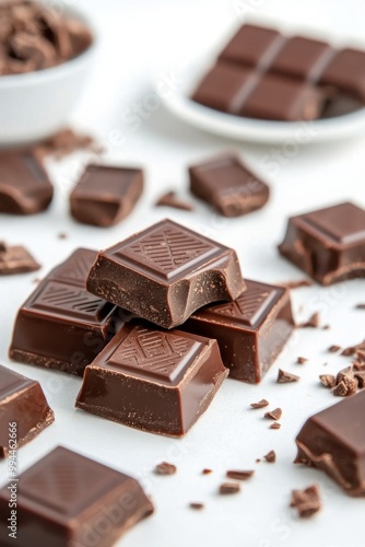Delicious dark chocolate squares arranged on a marble surface with scattered ...