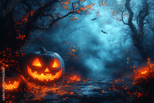 A carved Jack-o'-lantern illuminated in a misty, eerie Halloween setting, surrounded by pumpkins and autumn leaves in front of a haunted house. 