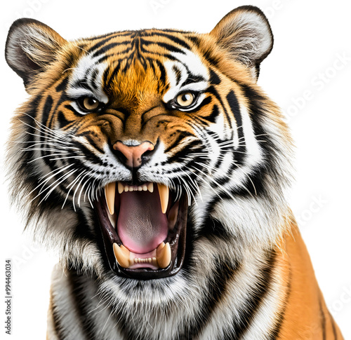 Tiger roaring fiercely, isolated head shot, bared teeth of angry predator, aggressive wildcat face, powerful animal display, wild feline in action, striped mammal portrait on transparent background photo