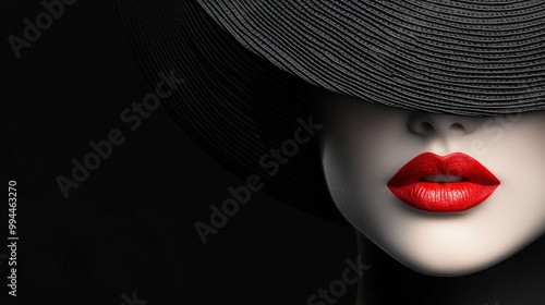 A striking portrait of a woman with red lips and a wide-brimmed black hat in ...