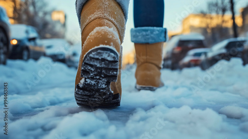 Boots trudging through snow, winter walk outdoors, fashionable footwear for cold weather, warm shoes stepping on white landscape, seasonal footgear in natural setting photo