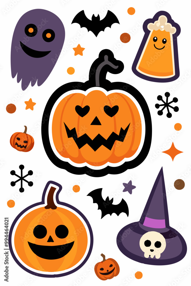 A set of adorable Halloween-themed illustrations, featuring pumpkins, bats, ghosts, and witches' hats, perfect for adding a touch of spooky fun to your projects. A set of adorable Halloween-themed illustrations, featuring pumpkins, bats, ghosts, and witches' hats, perfect for adding a touch of spooky fun to your projects.