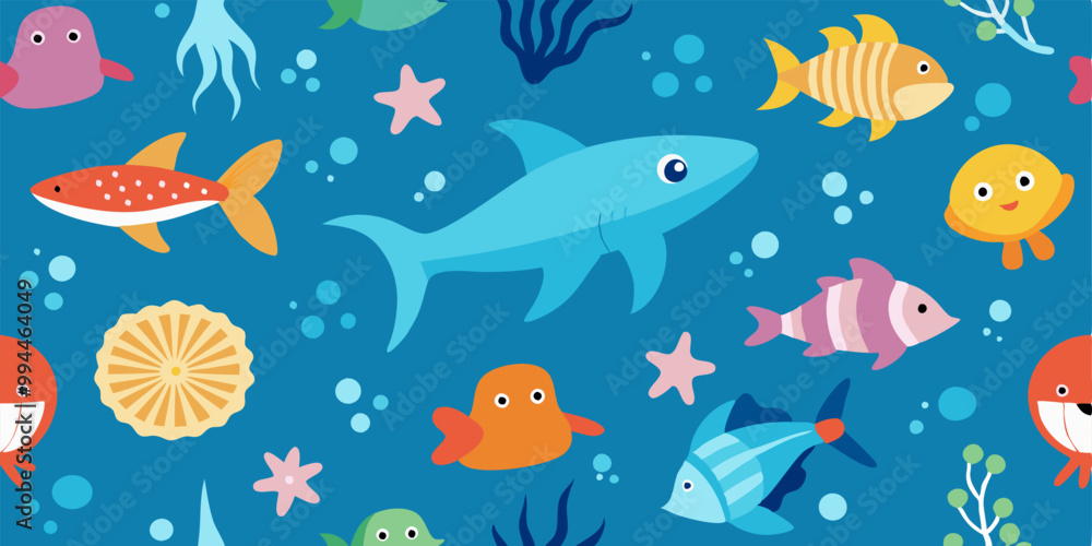 A vibrant and playful seamless pattern featuring an array of colorful sea creatures, perfect for adding a touch of whimsy to your designs. This fun and cheerful pattern is ideal for kids' products. A vibrant and playful seamless pattern featuring an array of colorful sea creatures, perfect for adding a touch of whimsy to your designs. This fun and cheerful pattern is ideal for kids' products.