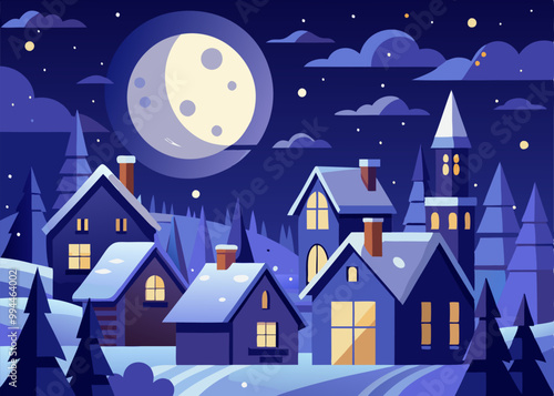 A charming illustration of a snow-covered village under a crescent moon, featuring quaint houses with glowing windows and snow-covered rooftops. The scene evokes a sense of cozy warmth and peace.