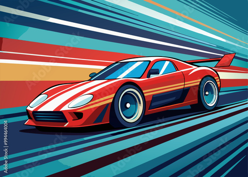 A sleek, red sports car with white racing stripes zooms across a vibrant, abstract background. The dynamic lines create a sense of speed and power, perfect for projects related to automotive.