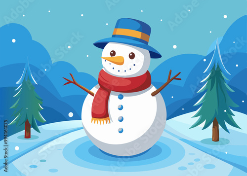 A cheerful snowman with a blue hat and red scarf stands in a snowy winter landscape. The cartoon style illustration features a whimsical scene with a snowy background.