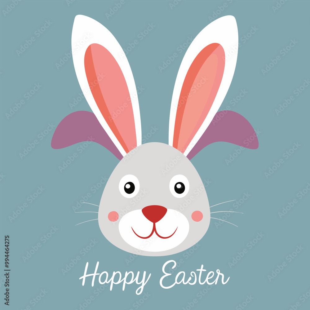 A cute and cheerful illustration of a bunny rabbit with pink ears and a happy smile, perfect for celebrating Easter. The simple design is ideal for cards, decorations. A cute and cheerful illustration of a bunny rabbit with pink ears and a happy smile, perfect for celebrating Easter. The simple design is ideal for cards, decorations.