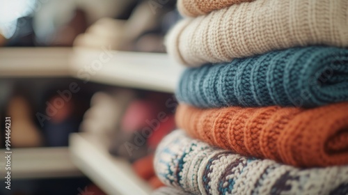 Stacks of cozy sweaters arranged neatly on a wooden shelf in a retail clothin...