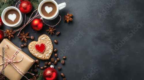 Cozy holiday setting with coffee, cookies, and festive decorations on a dark ...