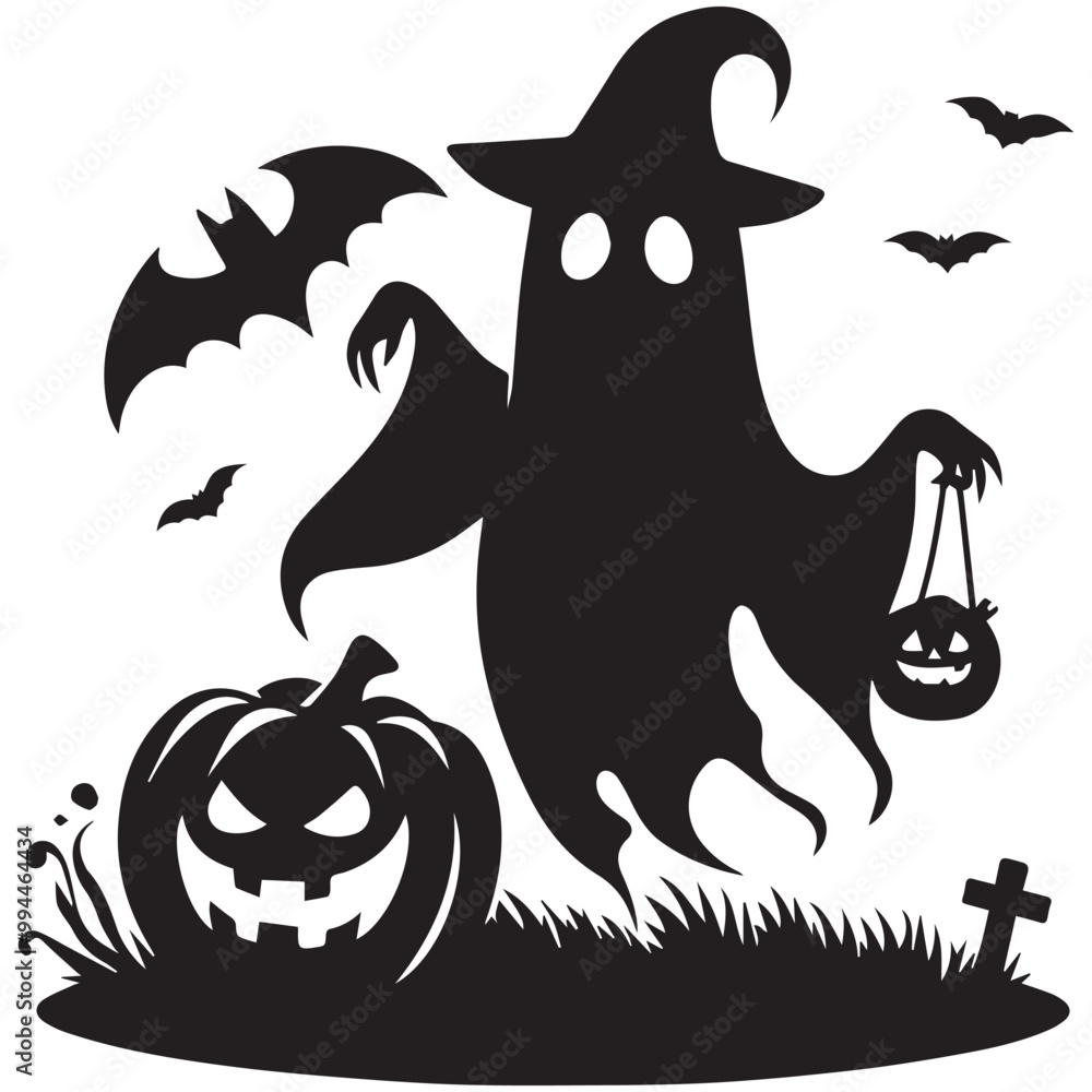 Halloween a witch ghost and hunter home silhouette set vector art illustration , Halloween a witch ghost and hunter home silhouette set vector art illustration ,