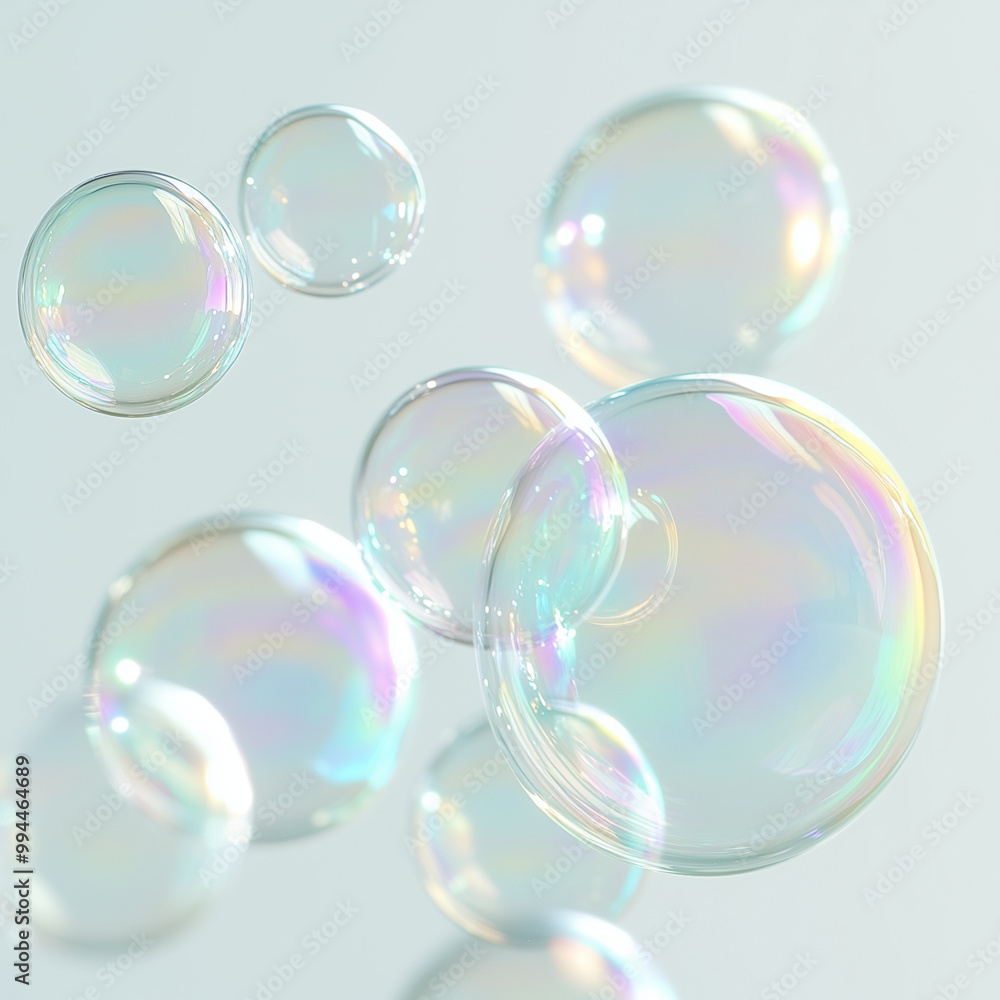 Floating bubbles in bright pastel rainbow reflections on white background Floating bubbles in bright pastel rainbow reflections on white background
