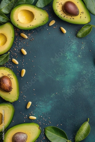 Freshly sliced avocados with seeds and leaves arranged on a textured blue bac...