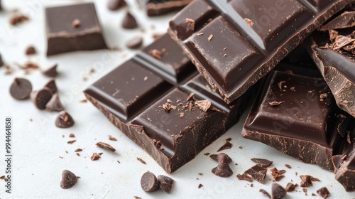 Delightful dark chocolate pieces scattered on a gray surface with chips and c...