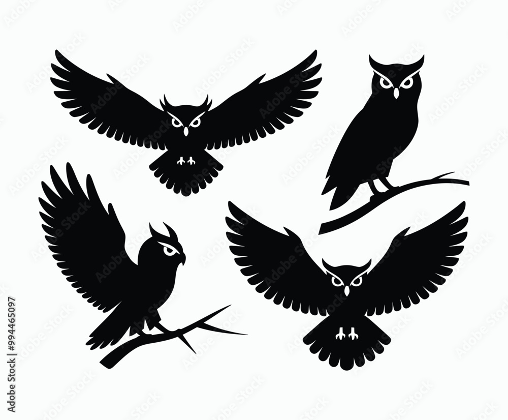 Obraz premium Owl bird silhouette editable EPS vector isolated illustration template on a white background