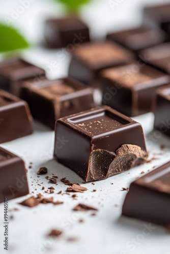 Delicious dark chocolate squares arranged on a marble surface with scattered ...