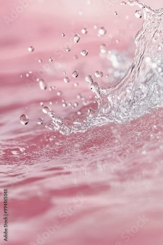 Captivating water droplets creating ripples against a soft pink backdrop in a...