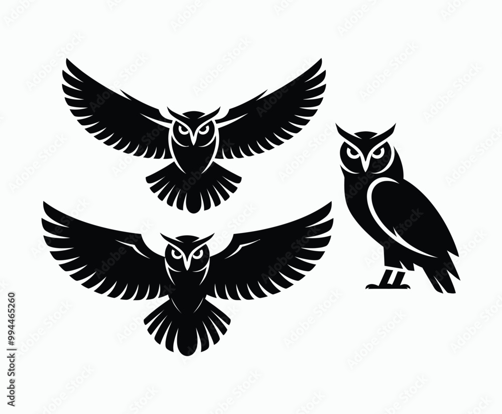 Obraz premium Owl bird silhouette editable EPS vector isolated illustration template on a white background