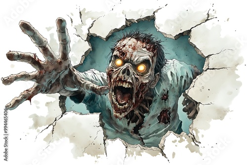 Fototapeta Naklejka Na Ścianę i Meble -  Zombie breaking through wall with glowing eyes and outstretched hand