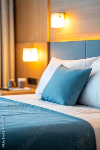 Cozy bedroom with soft pillows and warm lighting in a modern urban hotel setting