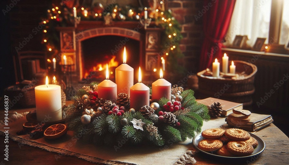 Adventskranz mit vier brennenden Kerzen Adventskranz mit vier brennenden Kerzen