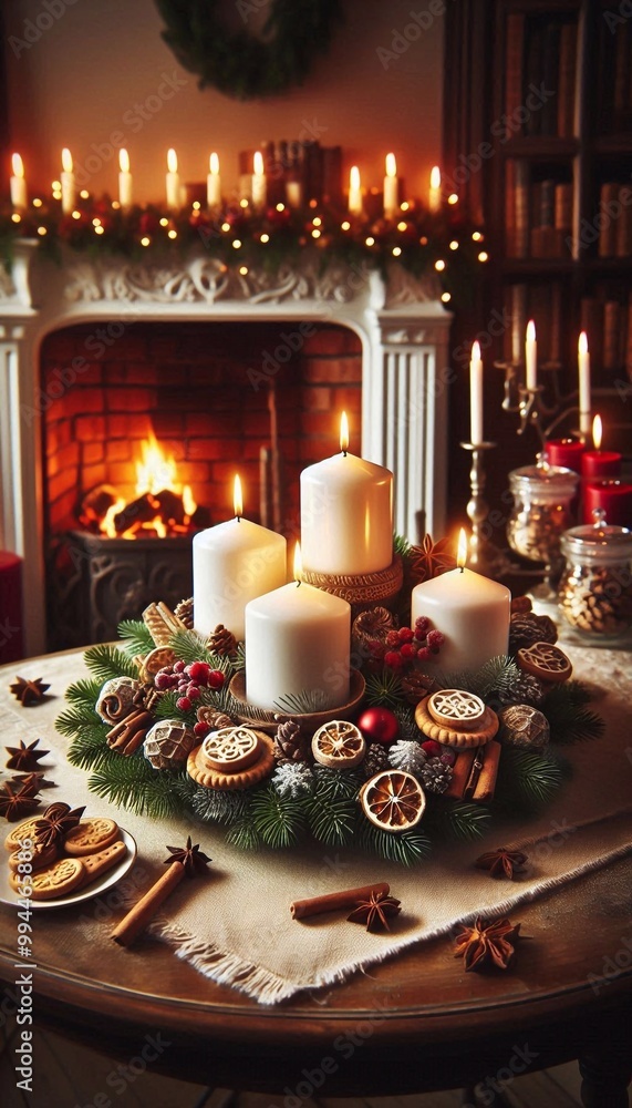 Adventskranz mit vier brennenden Kerzen Adventskranz mit vier brennenden Kerzen