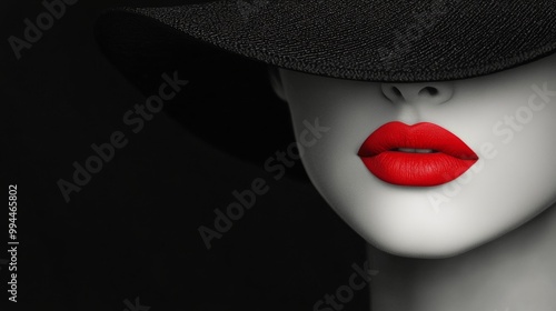 A striking portrait of a woman with red lips and a wide-brimmed black hat in ...