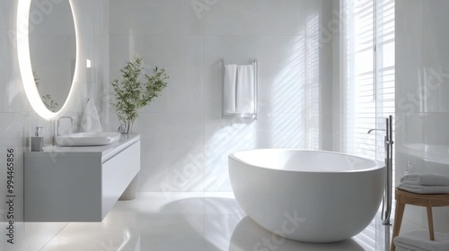Modern bathroom with a freestanding tub and natural light from large windows
