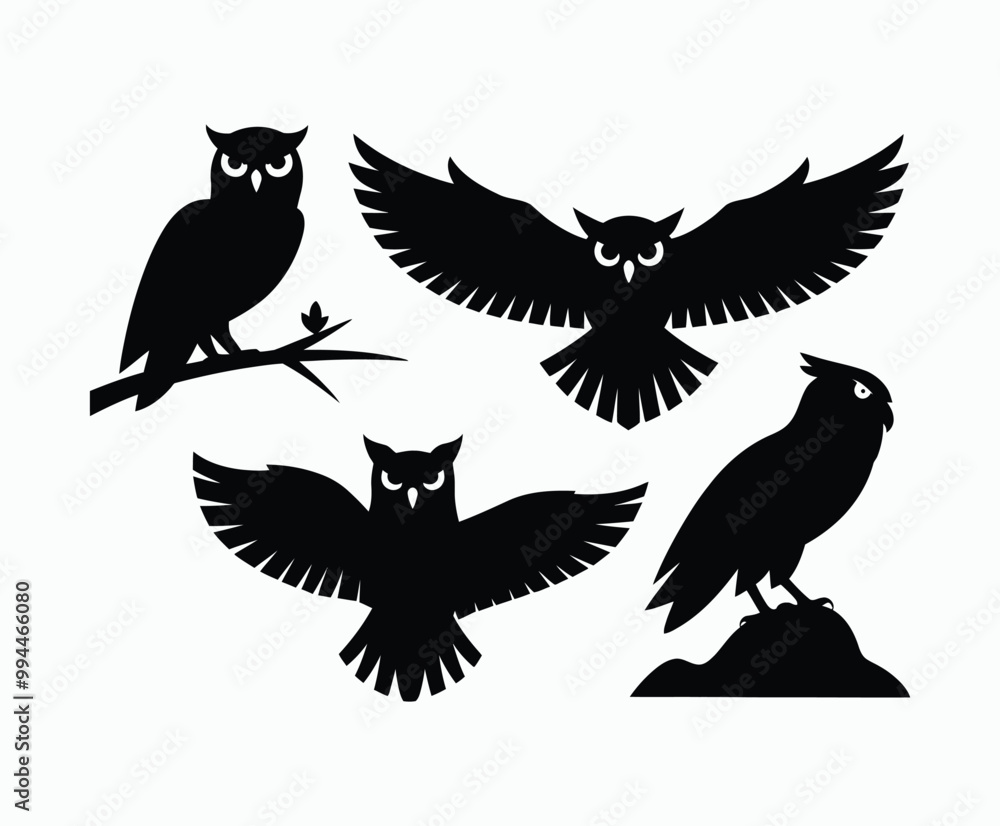 Obraz premium Owl bird silhouette editable EPS vector isolated illustration template on a white background