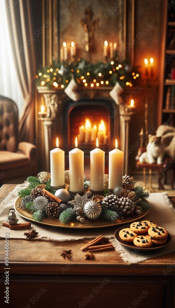 Adventskranz mit vier brennenden Kerzen Adventskranz mit vier brennenden Kerzen
