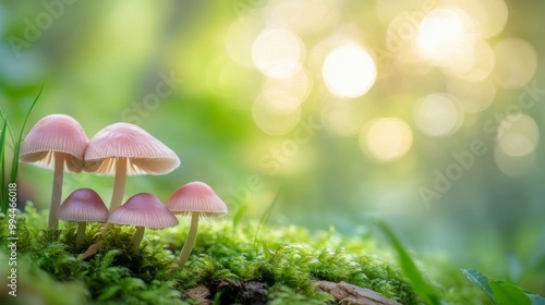 Wallpaper Mural Delicate pink mushrooms growing on moss under soft sunlight in a lush forest setting Torontodigital.ca