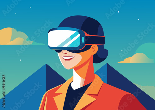 Smiling person in VR glasses explore technology