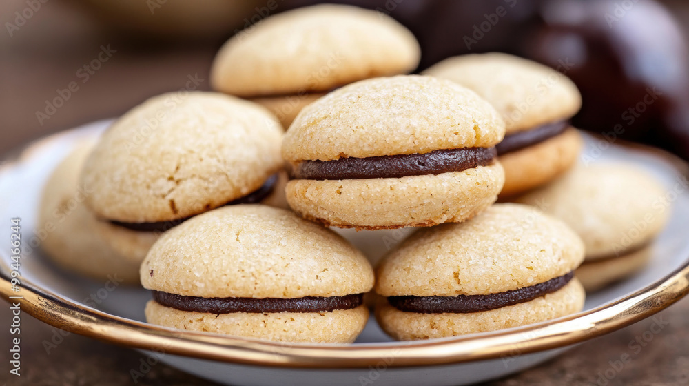 Baci di Dama cookies. Italian Piedmont sandwich biscuit consisting of two hazelnut biscuits joined together by a chocolate filling. Baci di Dama cookies. Italian Piedmont sandwich biscuit consisting of two hazelnut biscuits joined together by a chocolate filling.