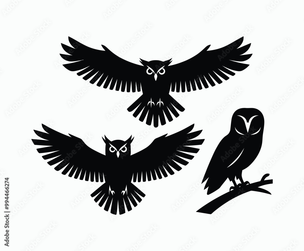 Obraz premium Owl bird silhouette editable EPS vector isolated illustration template on a white background