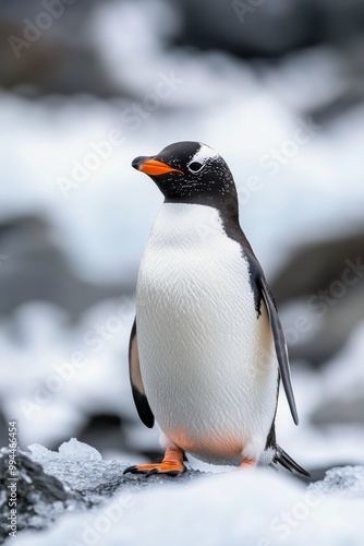 Gentoo penguin standing on snowy landscape with fellow penguins in the backgr...