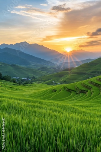 Sunset over lush terraced rice fields in mountainous landscape with vibrant sky