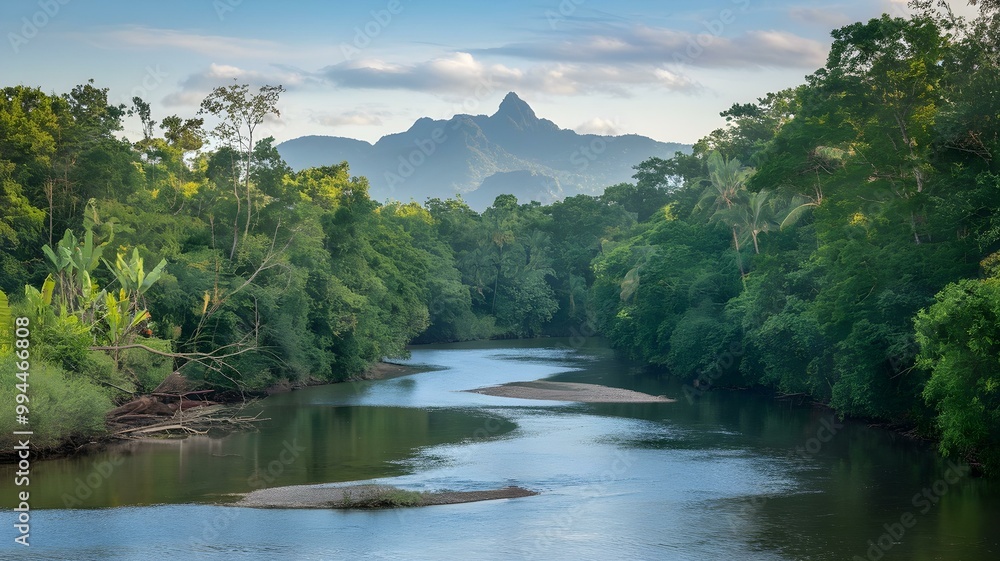 Obraz premium Serene River Landscape Surrounded by Lush Tropical Forest and Majestic Mountains