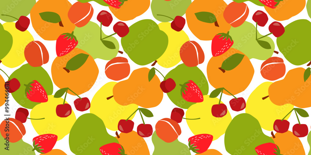 Seamless pattern with abstract silhouettes of fruits and berries. Summer print with apples, pears, strawberries, peaches, cherries. Vector graphics. Seamless pattern with abstract silhouettes of fruits and berries. Summer print with apples, pears, strawberries, peaches, cherries. Vector graphics.