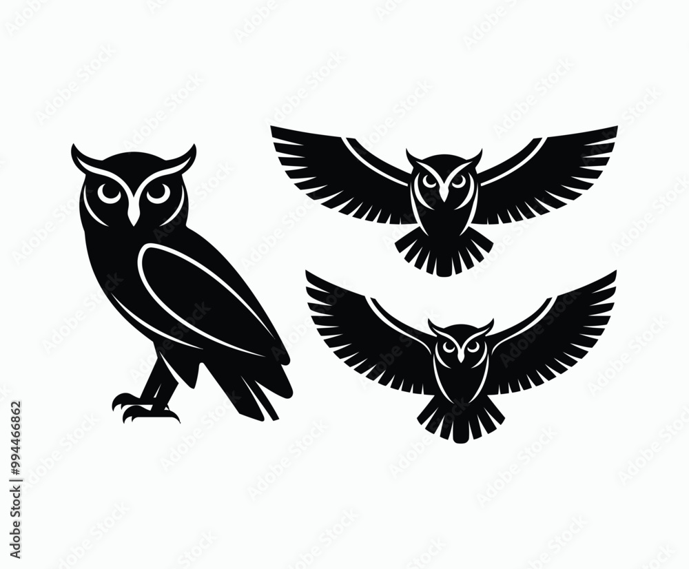 Obraz premium Owl bird silhouette editable EPS vector isolated illustration template on a white background